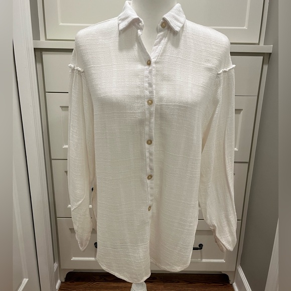 Free People White Gauze Button Front Poet’s Blouse Size Large - Picture 1 of 9